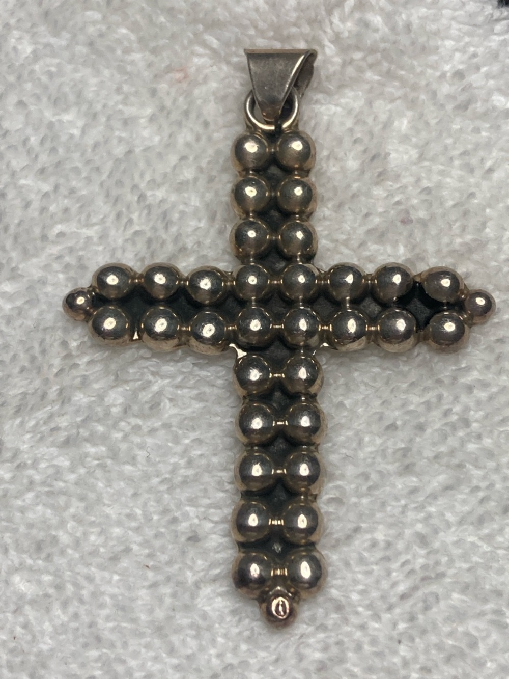 Beaded Cross Pendant Necklace - Silver Tone